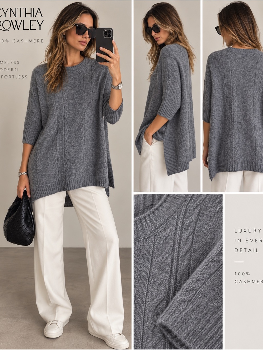 Cynthia Rowley 100% 2-Ply Cashmere Poncho Sweater M/L Gray Cable Knit Oversized